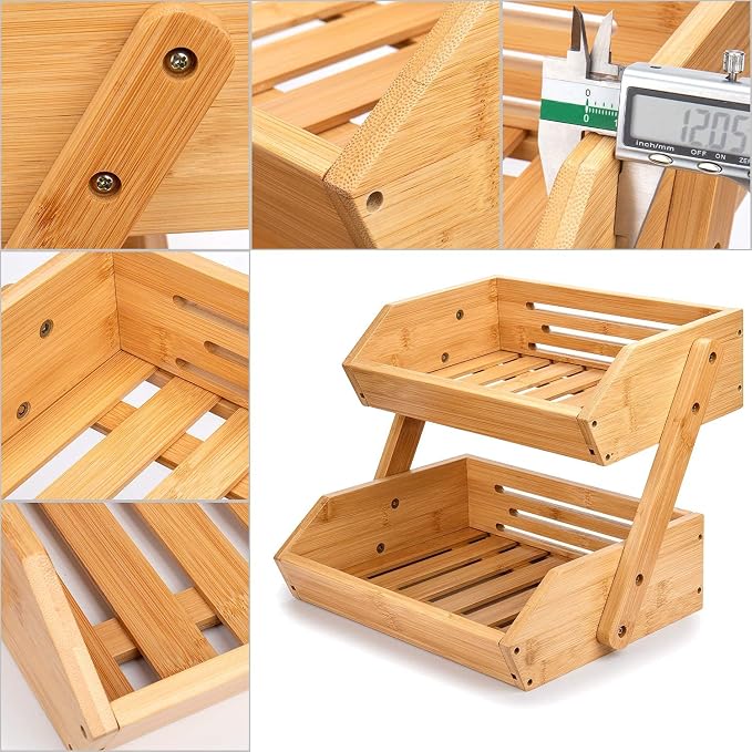 Merysen 2 Tier Fruit Basket For Kitchen, Bamboo Vegetable Storage Bowl Stand - Image 4