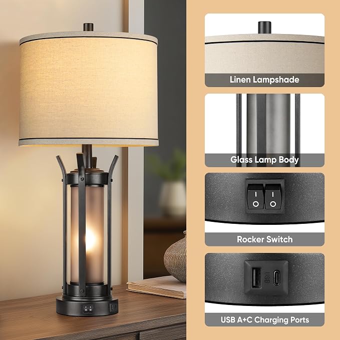 QiMH 26" Table Lamps Set of 2, Rustic Bedside Lamps - Image 5