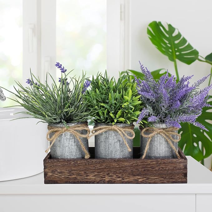 Set of 3 Small Potted Plants Arrangement Artificial Lavender and Grass Plants - Image 7