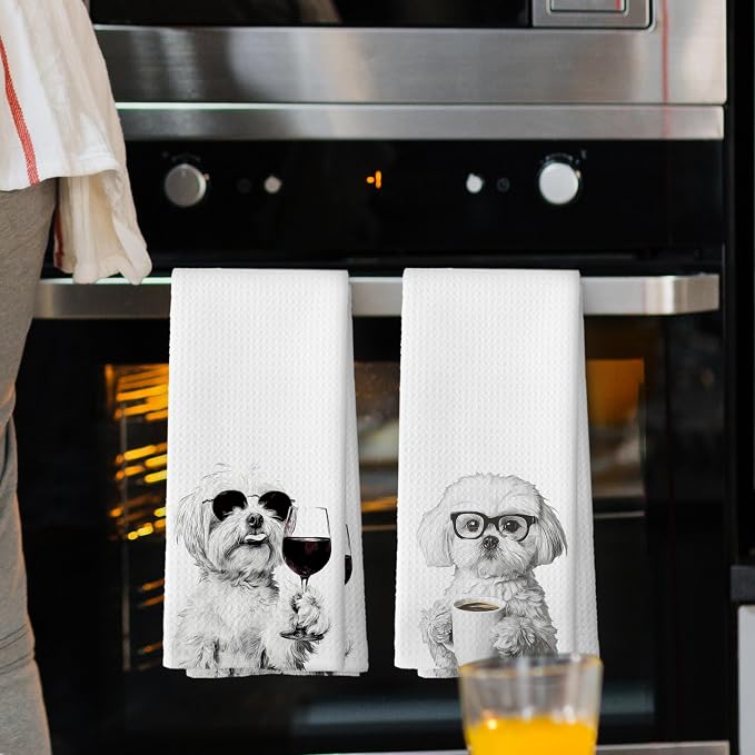 Funny Maltese Kitchen Towels Set of 2, Funny Dog Kitchen Accessories, Coffee - Image 2