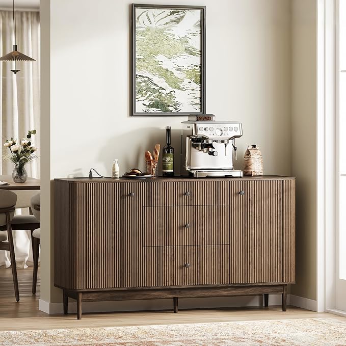 59" Buffet Cabinet with Drawers, Large Fluted Sideboard Buffet Storage Cabinet by CASSORA