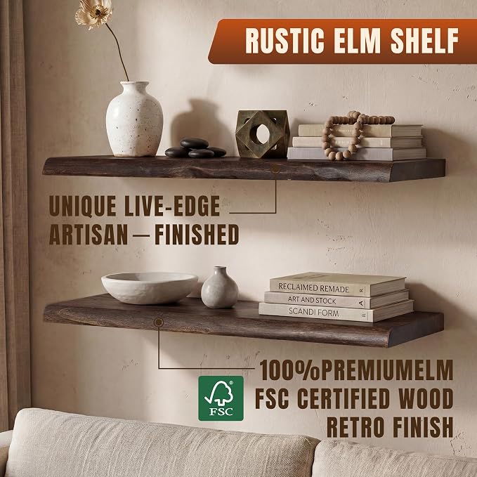 24" Live Edge Floating Shelves, 1.4" Extra Thick Solid Elm Wood Wall Shelf - Image 5