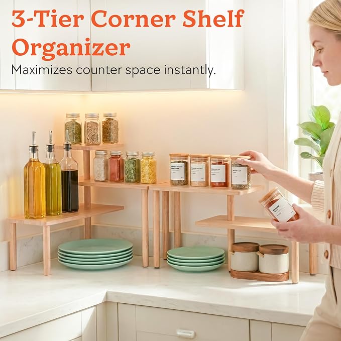 HOMESTEAD 3-Tier Bamboo Corner Shelf Organizer, 90° or 180° Layout Countertop - Image 2
