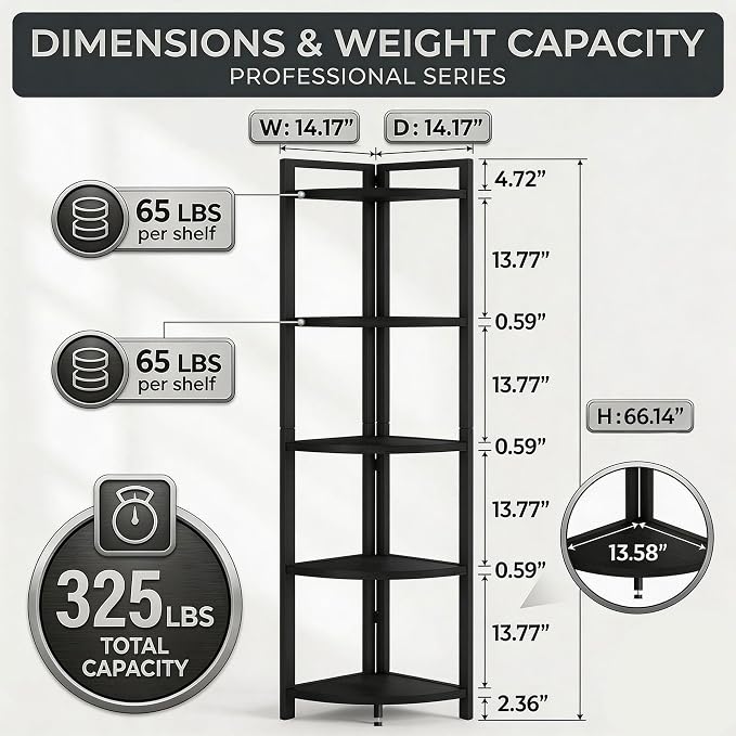 FATORRI Rustic Tall Corner Shelf, 5 Tier Industrial Corner Bookshelf - Image 2