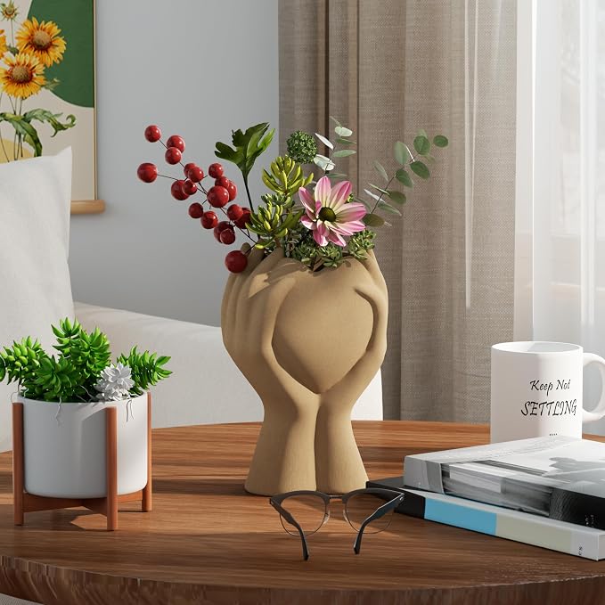 8 Inch Heart Hand Brown Ceramic Vase - Image 9
