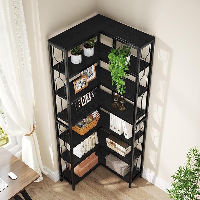 Tribesigns Corner Shelf, 7-Tier Industrial Corner Bookshelf, Wood and Metal - Image 7