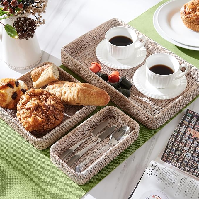 Rattan Serving Tray, Rectangular Woven Tray, Natural Wicker Decorative Serving - Image 2