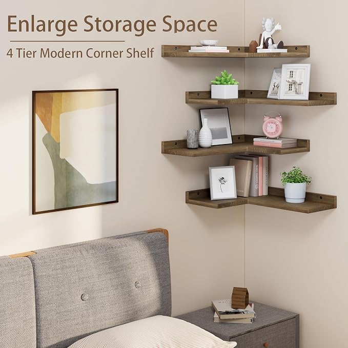 Floating Corner Shelves Set of 4, Rustic Pine Wooden Floating Corner Wall Shelf - Image 4