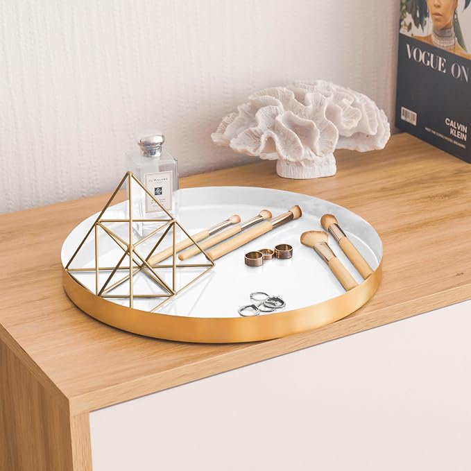 Allegorie Round Decorative Enamel Gold Metal Tray | Stylish Vanity Organizer or - Image 2