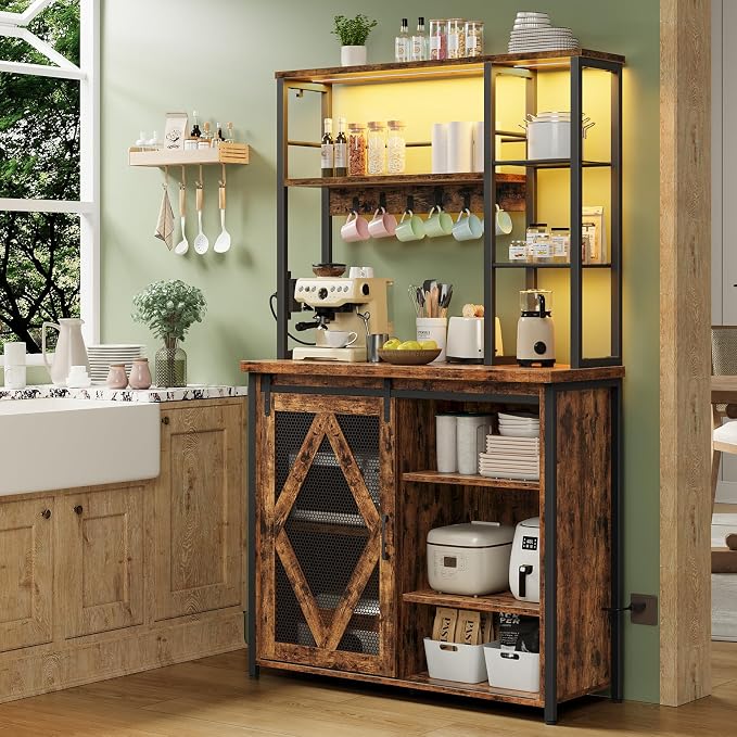 HOOBRO Bakers Rack with Power Outlet and LED Light, Microwave Stand with by HOOBRO