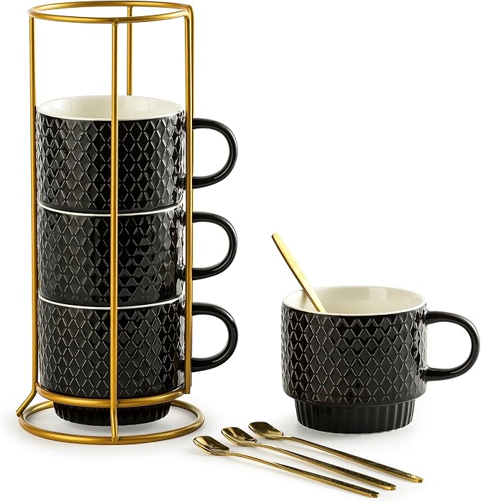 Gomakren Coffee Mugs Set of 4, 13 Ounce Stackable Coffee Mug Set by Gomakren