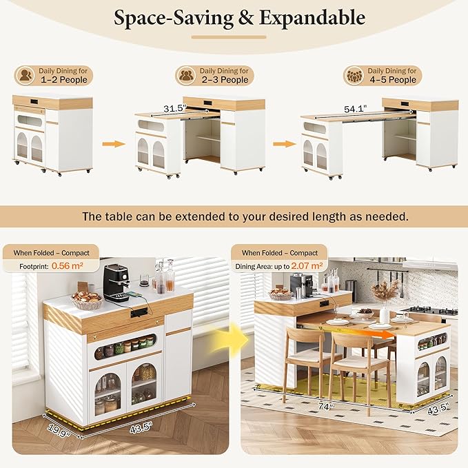 Rolling Kitchen Island with Extendable Dining Table & Power Outlet, 73.8’’ - Image 5