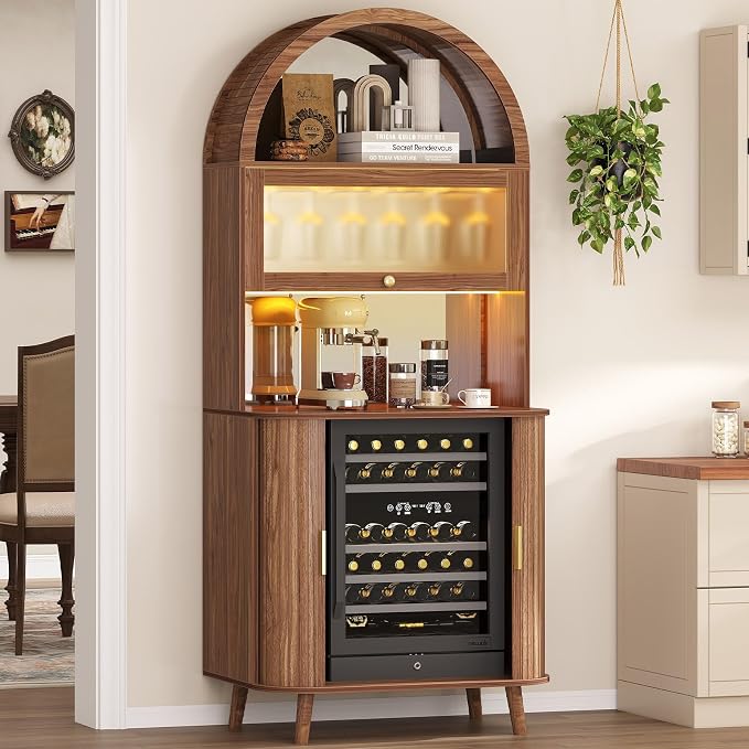LVB Wine Bar Cabinet with Fridge Space, Arched Coffee Bar Cabinet with Storage by LVB