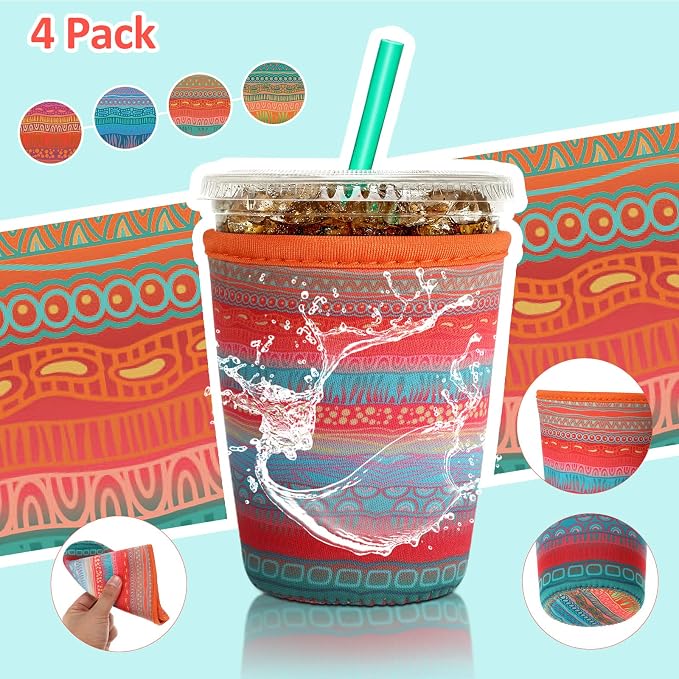 Patelai 4 Pack Reusable Iced Coffee Insulator Sleeve, Neoprene Coffee Cup Holder - Image 4