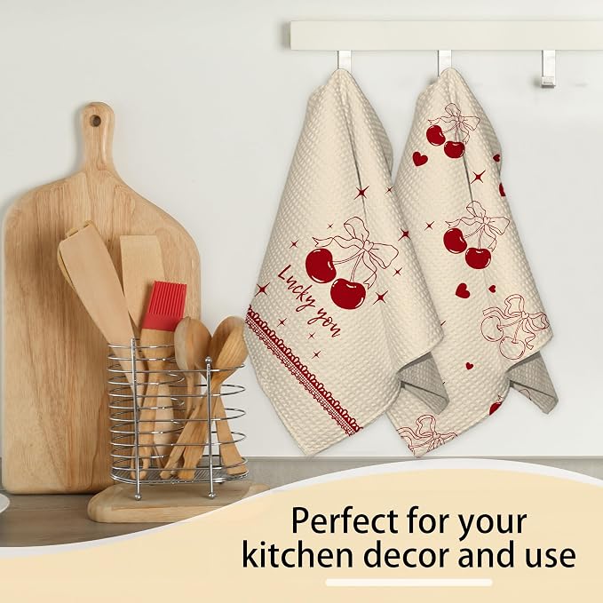 Funny Kitchen Dish Towel Set of 2, Cute Waffle Weave Dish Cloth, Lucky You - Image 6