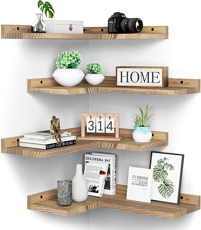 4 Tier Floating Corner Shelves Set of 4, Rustic Pine Wood Floating Corner Wall by Eostbe