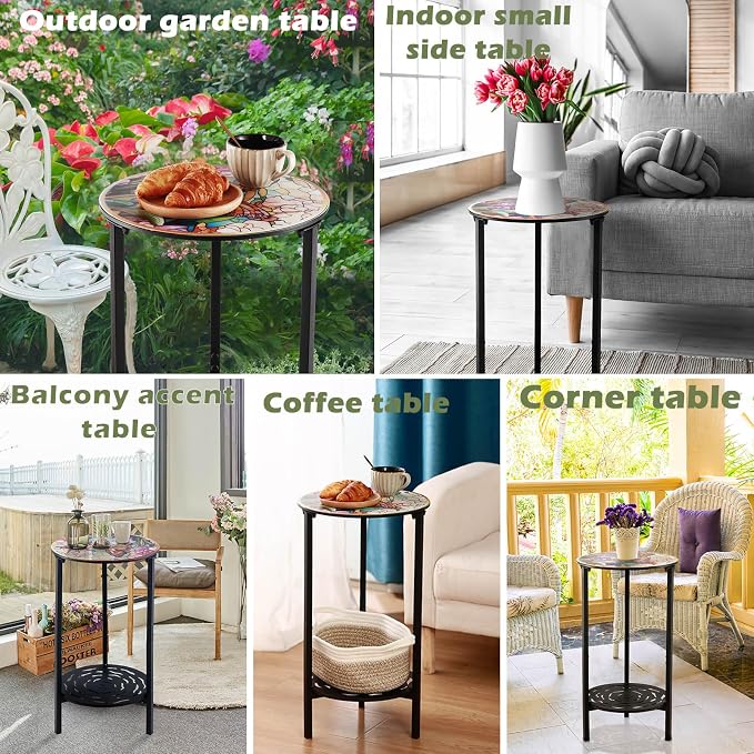 2-Tier Metal Round Side Table Black Accent Coffee Tables Small Space Corner - Image 7
