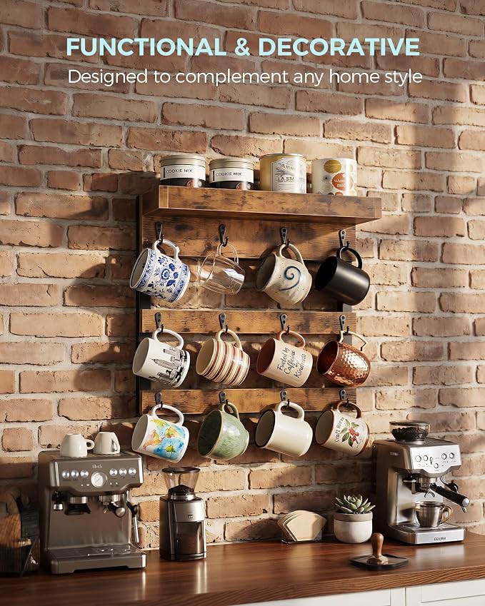 OROPY Coffee Mug Rack Wall Mounted, Rustic Wood Cups Rack - Image 5