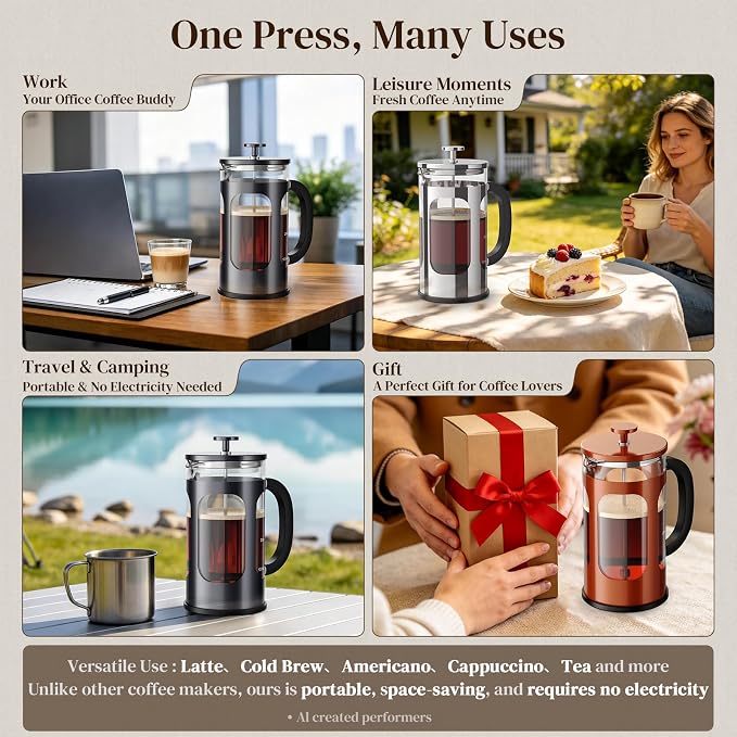 Veken French Press Coffee Maker 34oz, No Plastic Touching Cafe, Thickened Glass - Image 3