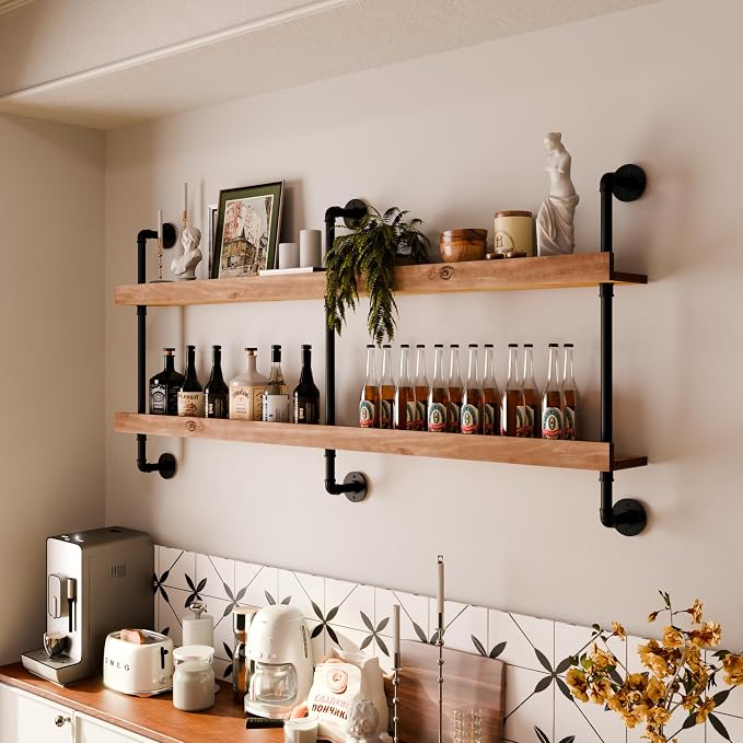 Industrial Wine Rack Wall Mounted, Solid Wood Shelf - Image 9