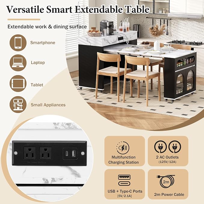Rolling Kitchen Island with Extendable Dining Table & Power Outlet, 73.8’’ - Image 3