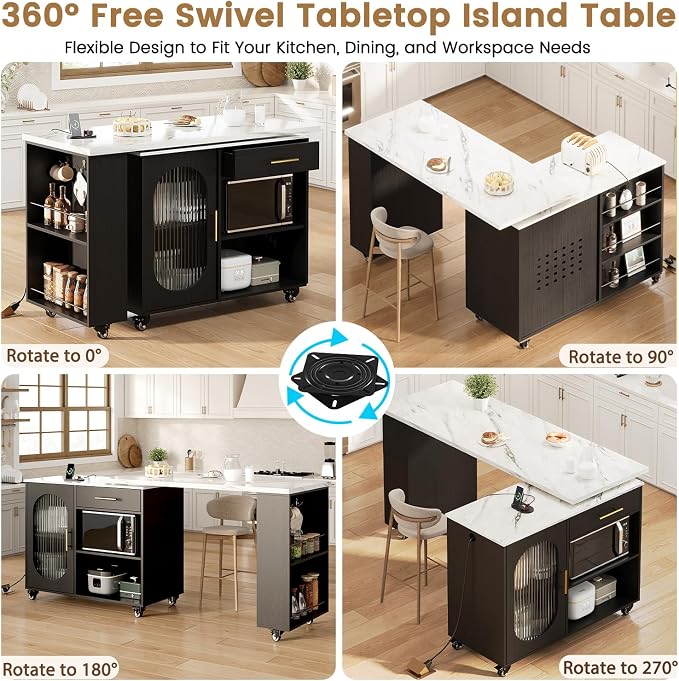 HSH Kitchen Island with 360° Swivel Table & Power Outlet, Rolling Kitchen - Image 3