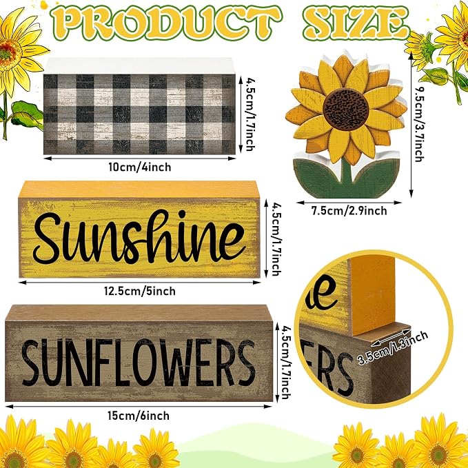 Yuntau 4 Pcs Sunflower Decorations Sunflower Wooden Sign Sunshine Table - Image 3