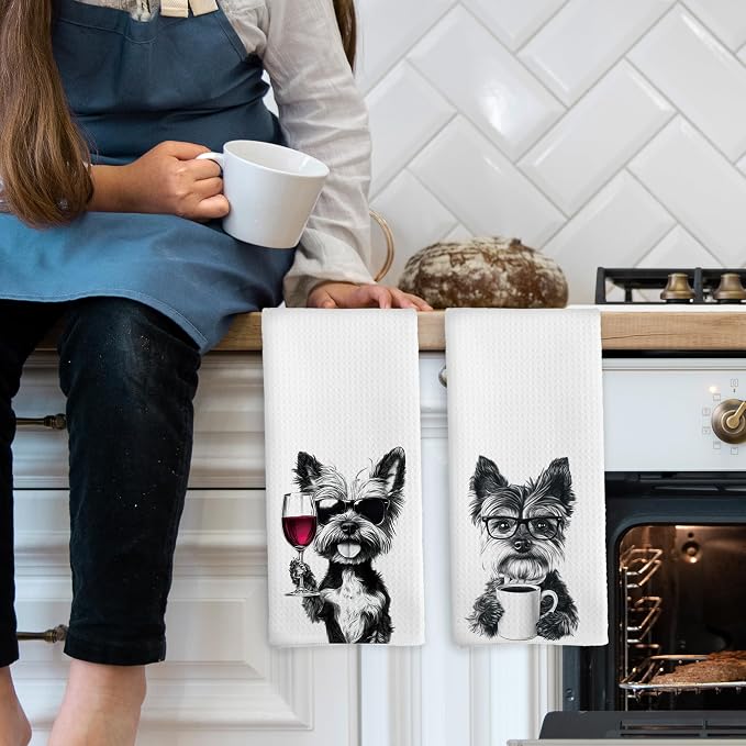 Funny Yorkshire Terrier Kitchen Towels Set of 2, Funny Kitchen Coffee Station - Image 3