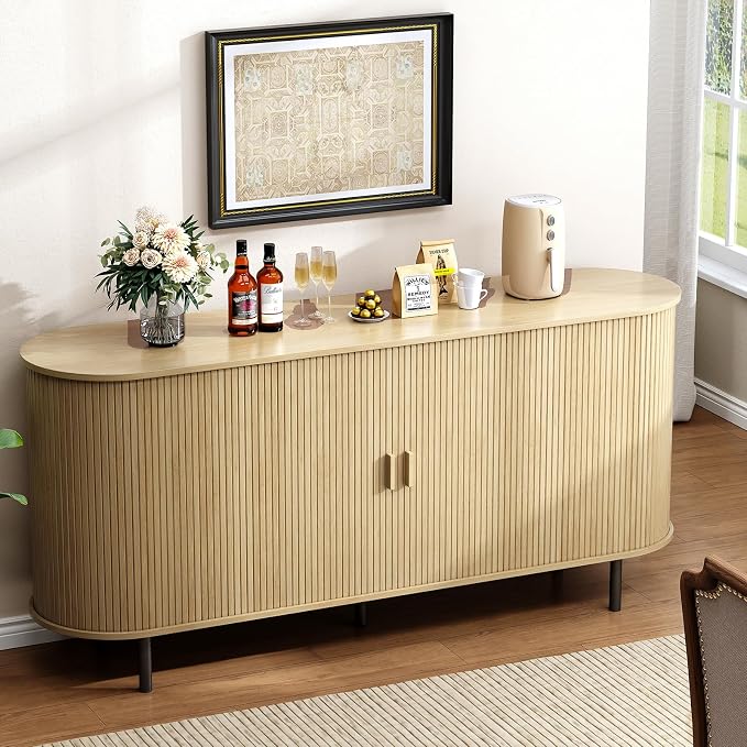 Buffet Cabinet with Storage, Fluted Sideboard Buffet with Sliding Door - Image 7