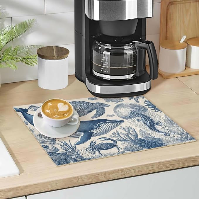 Deep Blue White Whale Turtle Jellyfish Retro Marine Style Coffee Mat Coffee Bar - Image 5