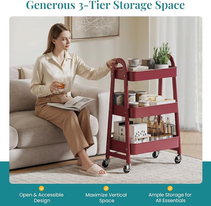 OLIXIS Metal 3 Tiers Utility Rolling Cart, Mobile Storage Shelf - Image 3