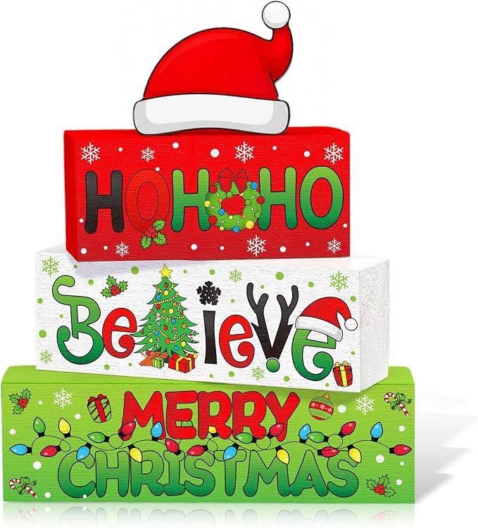 Moucuny 4 Pcs Christmas Table Decor Wooden Hohoho Decoration Red White Green by Moucuny