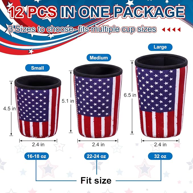 CHENGU 12 Pack 4th of July Reusable Iced Coffee Sleeves Bulk 250th Anniversary - Image 2