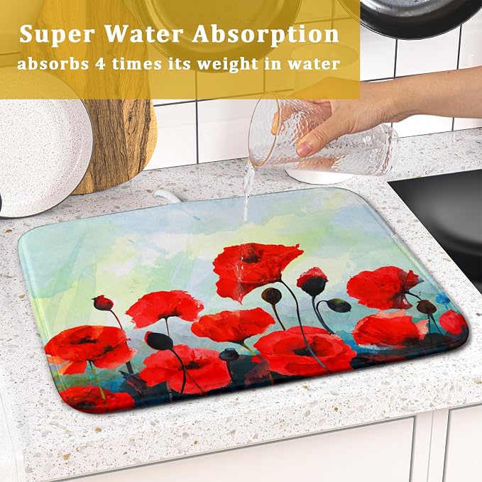 Red Poppy Dish Drying Mat for Kitchen Counter - Image 7