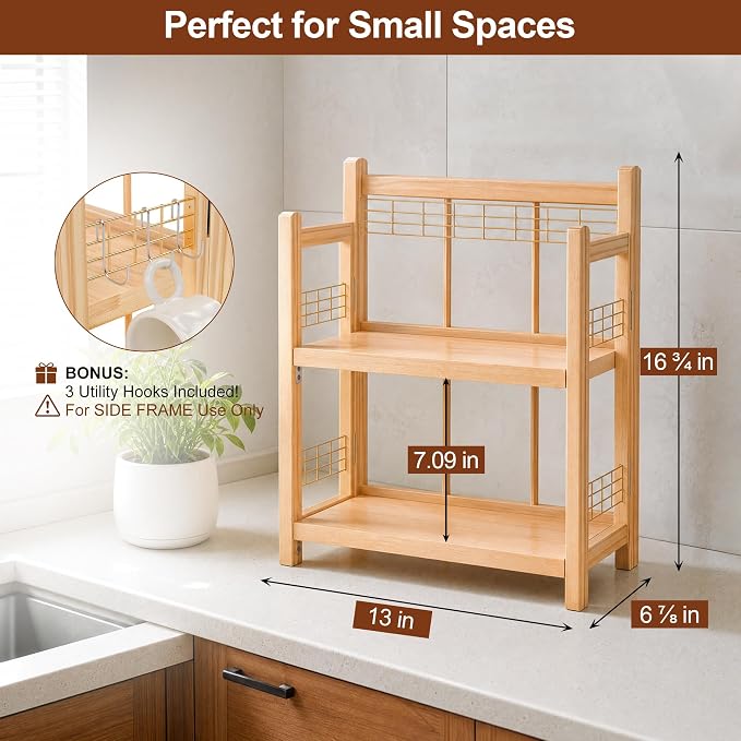 No-Assembly Coffee Bar Organizer, 2-Tier Coffee Station Shelf | Foldable Oak - Image 6