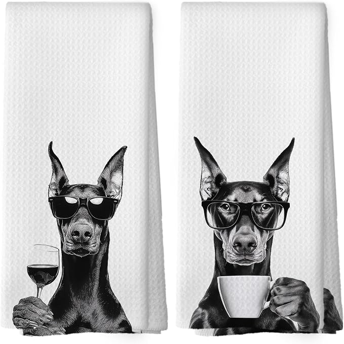 Funny Doberman Kitchen Towels Set of 2, Funny Dog Kitchen Accessories, Coffee by Mcehtle