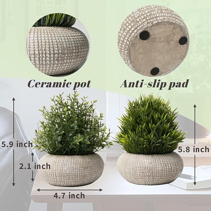 2 Pack Small Fake Plants in Cement Planter - Image 3