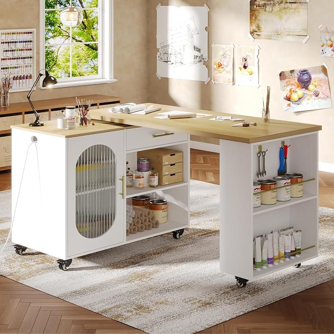 HSH Kitchen Island with 360° Swivel Table & Power Outlet, Rolling Kitchen - Image 9