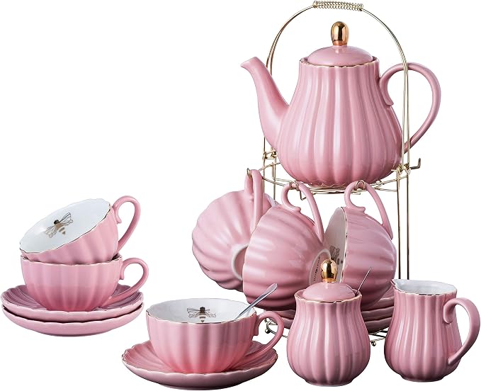 Jusalpha Service for 6- Fine China Pink Coffee Cup/Teacup Set, 8 OZ Cups& Saucer by Jusalpha