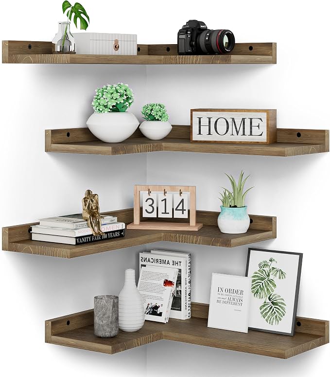Floating Corner Shelves Set of 4, Rustic Pine Wooden Floating Corner Wall Shelf by Eostbe