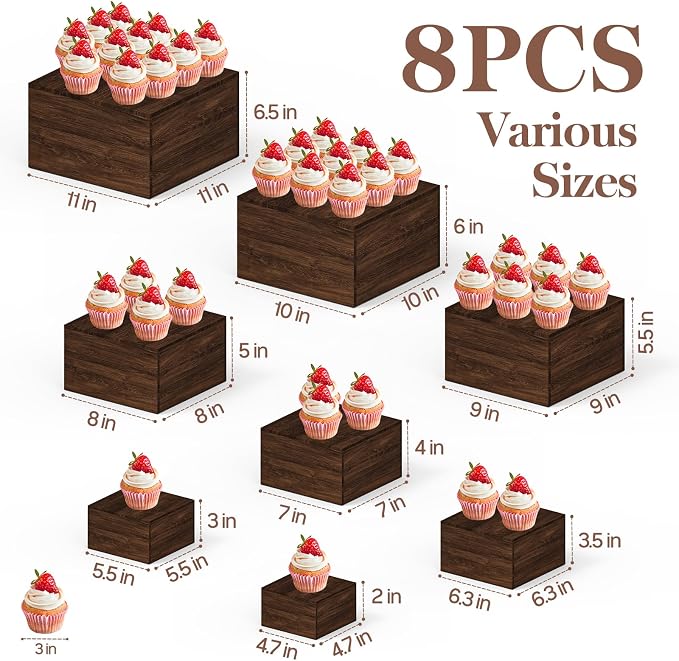 8 PCS Wooden Buffet Risers, Rustic Wood Cake Cupcake Stands, Square Food Risers - Image 2