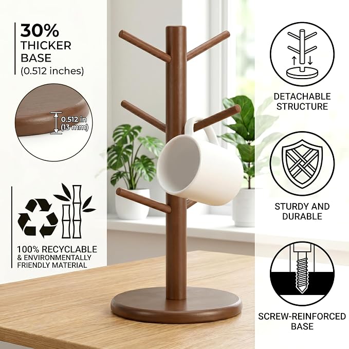 Wisuce Coffee Mug Tree Bamboo Mug Holder Coffee Cup Stand Mug Holders - Image 5