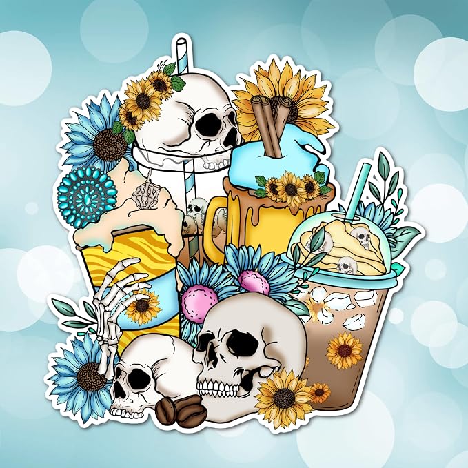 3" Skeleton Skull Mama Loves Coffee Sunflower Western Teal Blue Caffeinated - Image 2