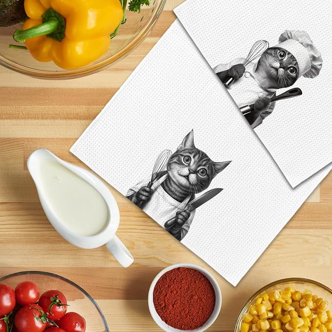 Funny Chef Cat Kitchen Towels Set of 2, Cat Mom Lady Lovers Owner Gifts - Image 5
