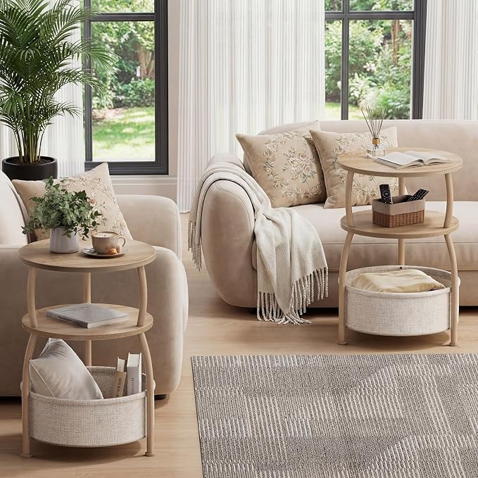 Round Side Table with Storage Basket, End Table Living Room | 3-Tier Bedside - Image 2
