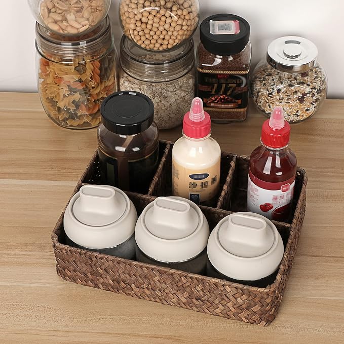 Hipiwe Wicker Basket Bin 4-Section Handwoven Tea Bag Basket Organizer Seagrass - Image 9