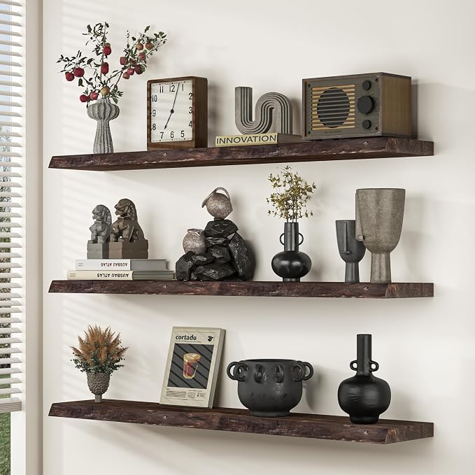 Fun Memories Floating Shelves for Wall Set of 2, Rustic Solid Elm Wood Live - Image 2