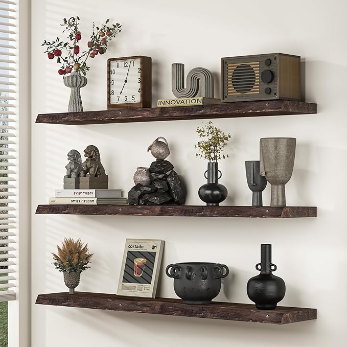 Fun Memories Floating Shelves for Wall Decor, Rustic Solid Elm Wood Live Edge - Image 2