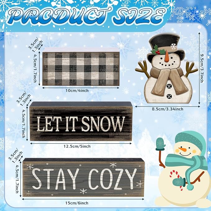 Yuntau 4 Pcs Winter Table Decorations Wooden Snowman Winter Tiered Tray Decor - Image 4