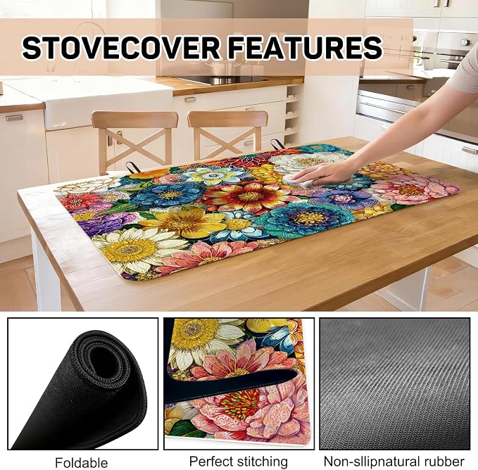 Boho Floral Stove Top Cover for Electric Stove, Colorful Flowers Rubber Stove - Image 6